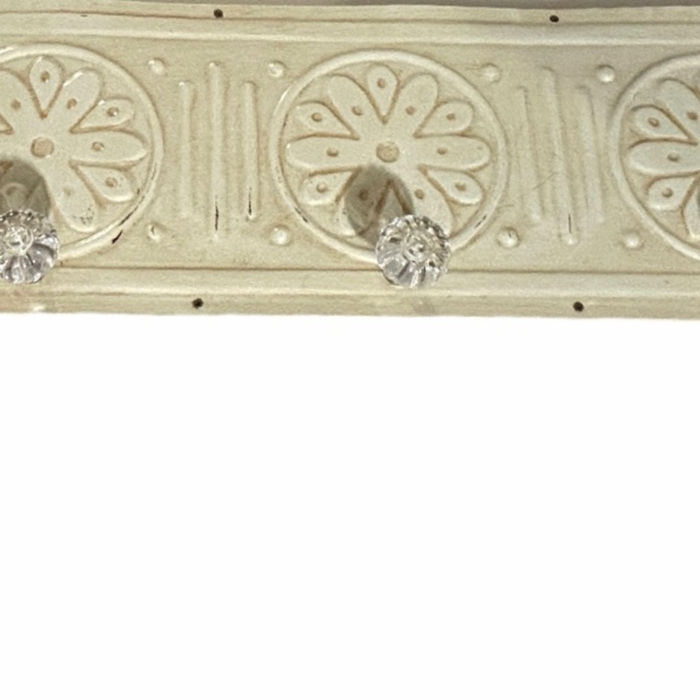 Vintage Style Embossed Antique White Metal Wall Rack Glass Knob Hangers. 24” - Picture 5 of 8